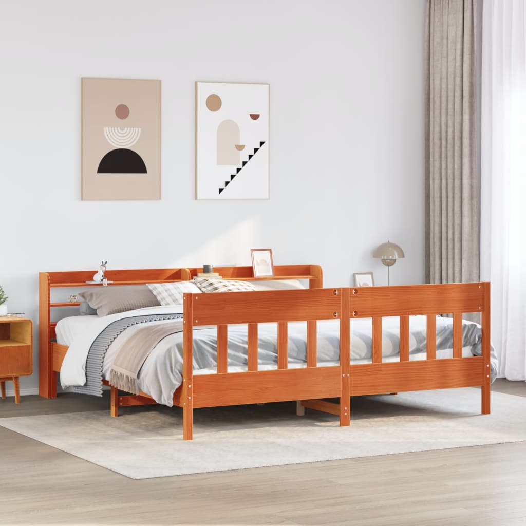 Sängram utan madrass vaxbrun 180x200 cm massiv furu