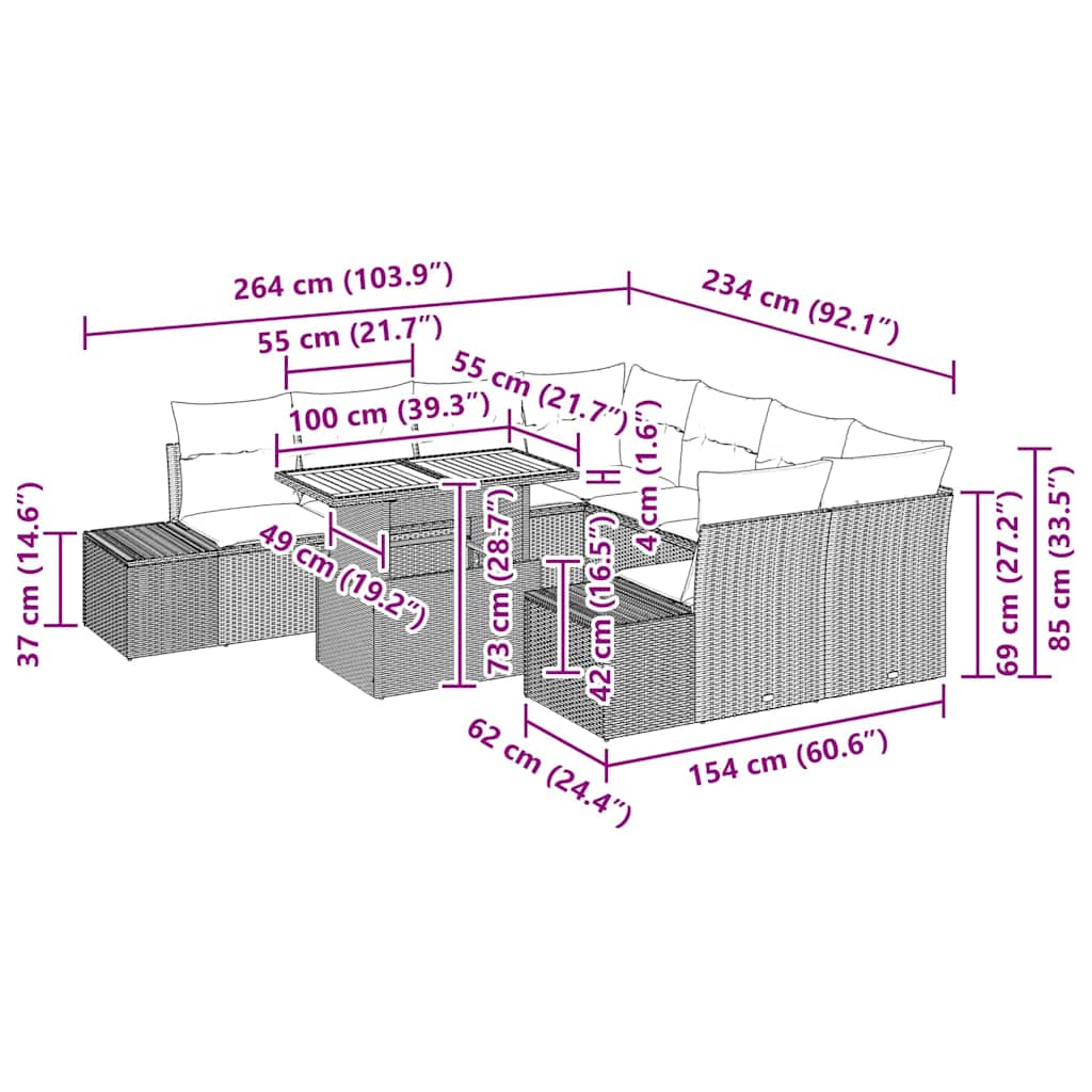 Trädgårdsmöbelset med kudde med kudde 9 pcs Grå och Brun