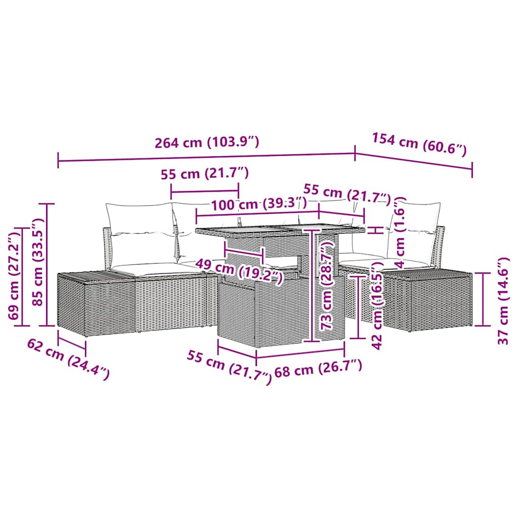 Trädgårdsmöbelset med kudde med kudde 6 pcs Beige och Grå
