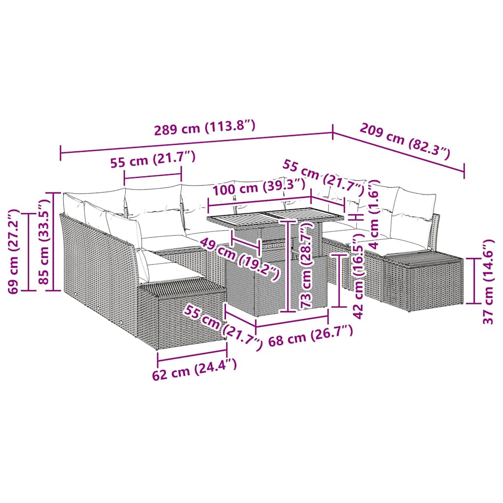 Trädgårdsmöbelset med kudde med kudde 10 pcs Beige och Grå