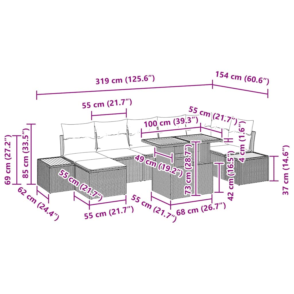Trädgårdsmöbelset med kudde 8 pcs Svart och beige