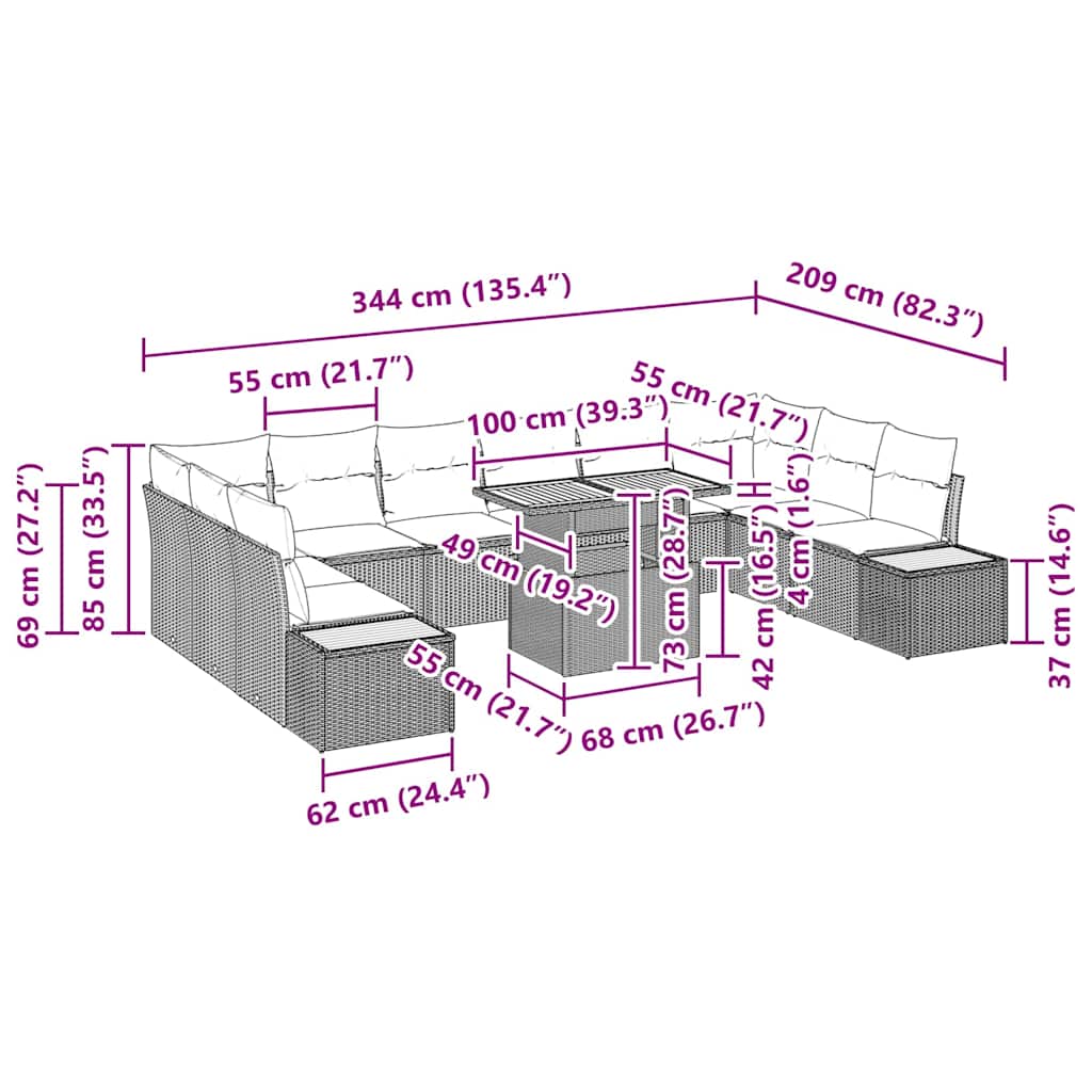 Trädgårdsmöbelset med kudde med kudde 11 pcs Beige och Grå