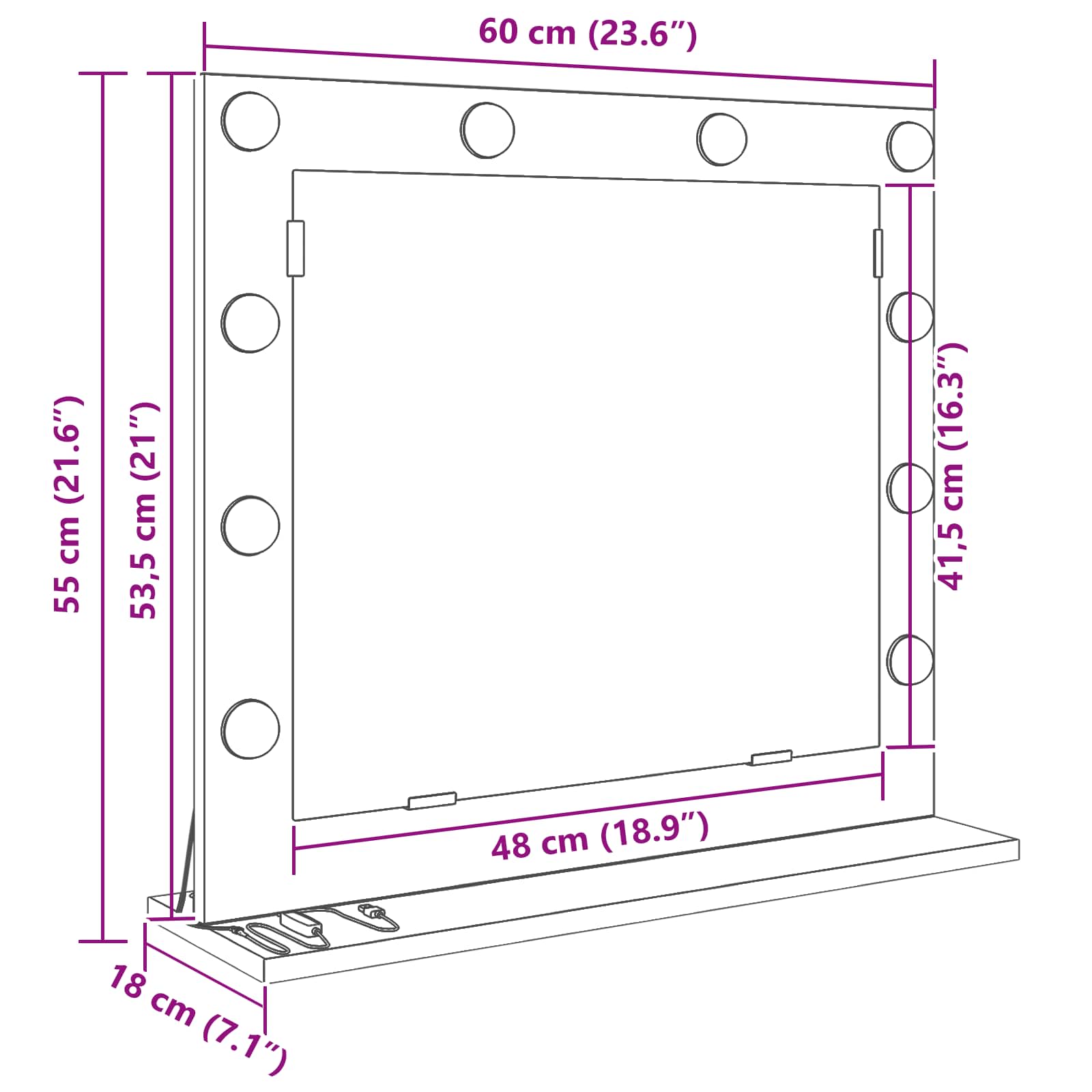 Smink Spegel med LED -remsljus Gammalt trä 60 x 55 x 18 cm