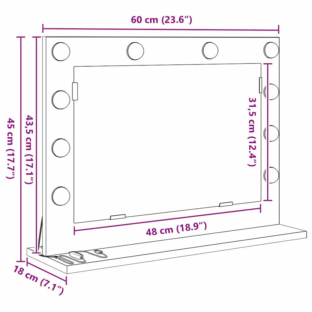 Smink Spegel med LED -remsljus Gammalt trä 60 x 45 x 18 cm