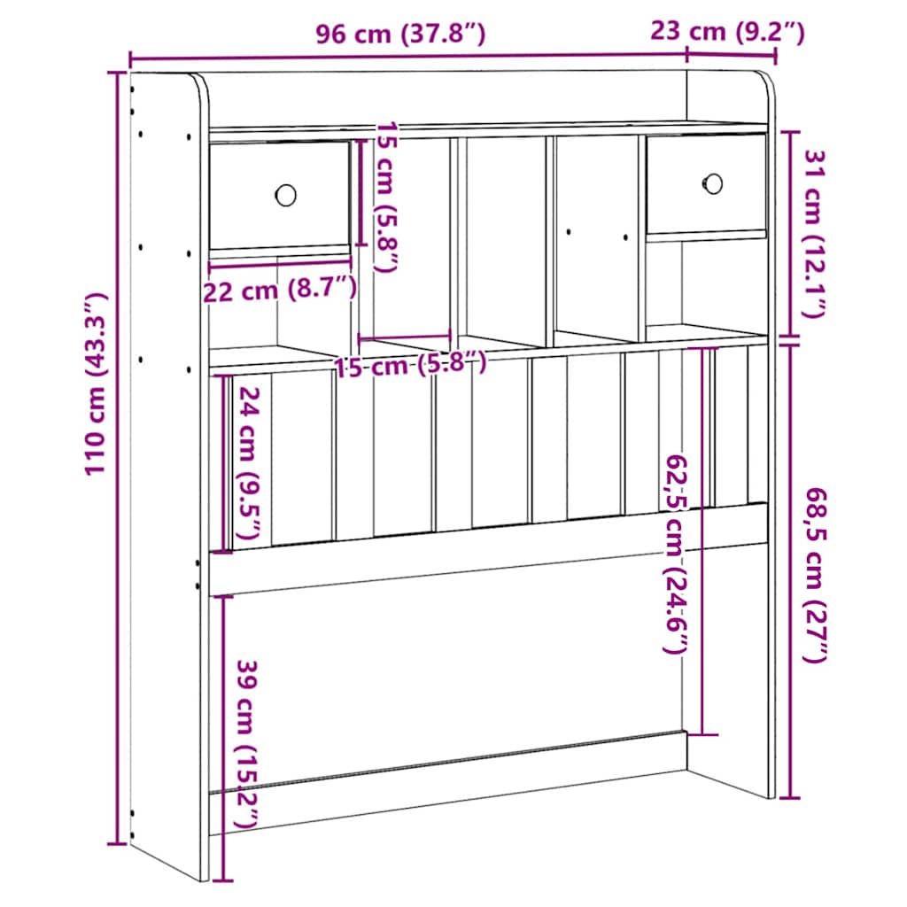 Huvudgavel med förvaring 90 cm massivt trä furu