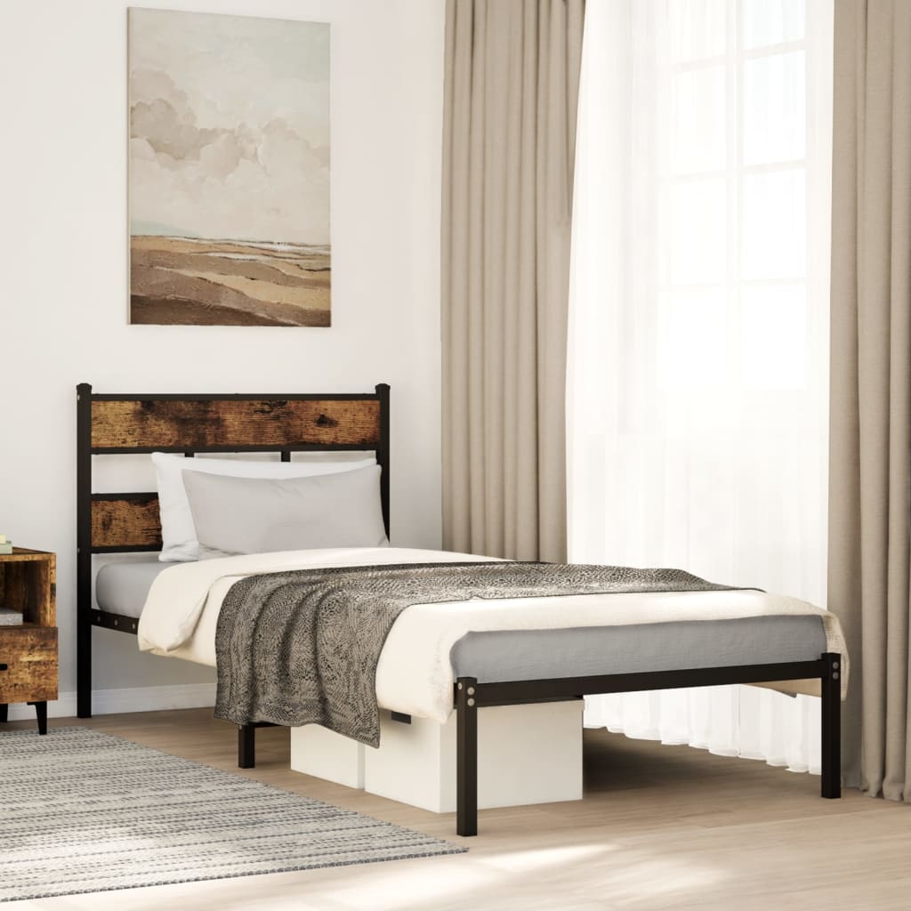 Sängram utan madrass metall rökfärgad ek 107x203 cm