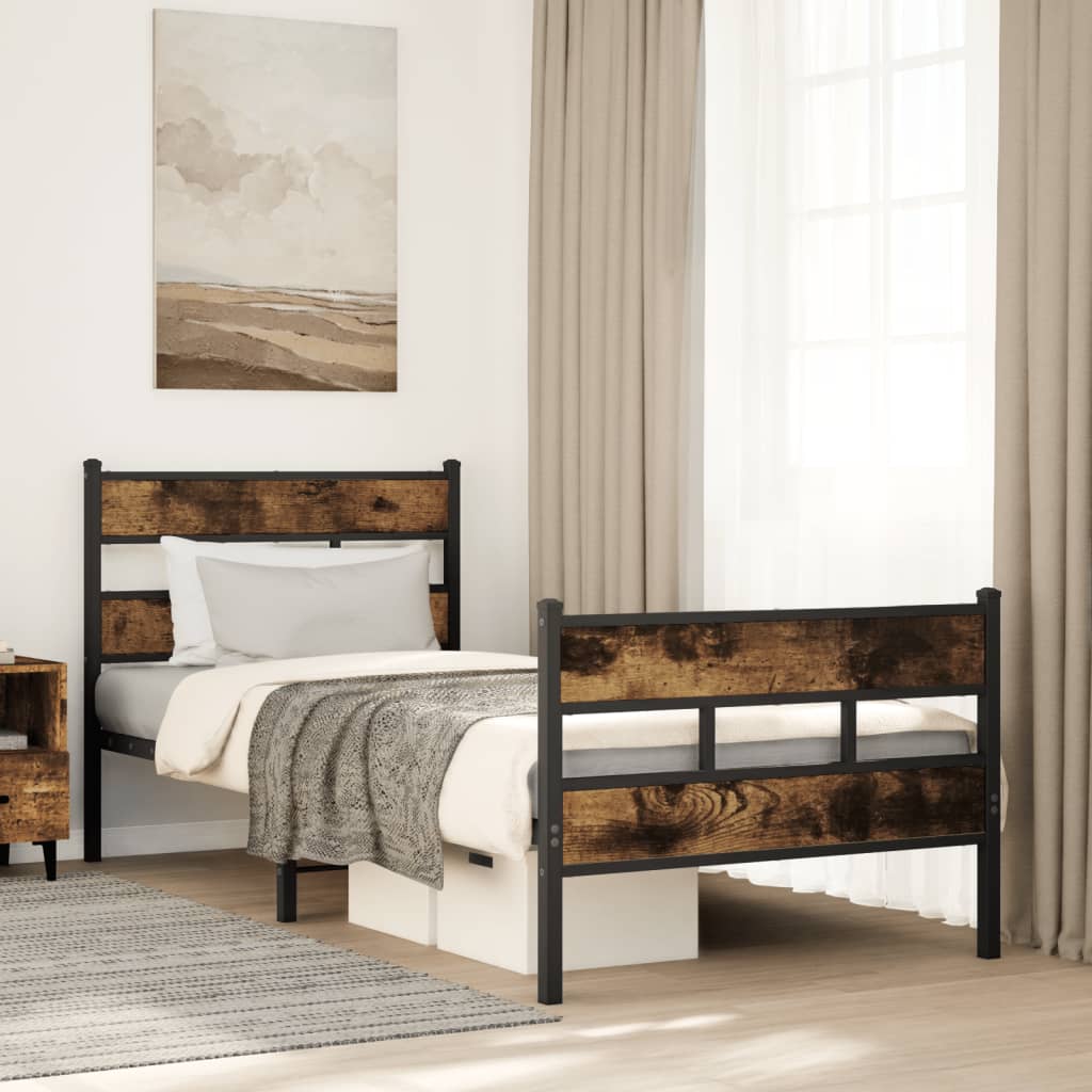 Sängram utan madrass metall rökfärgad ek 90x190 cm
