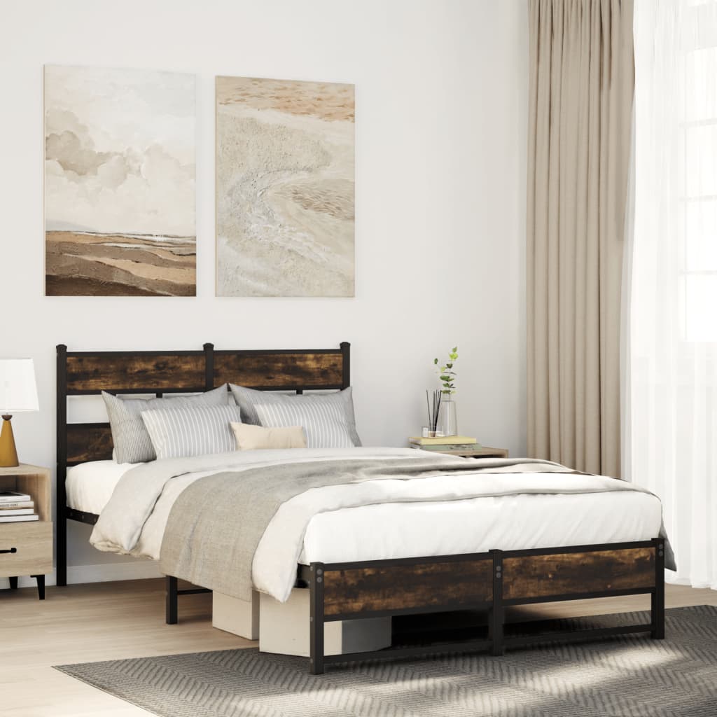 Sängram utan madrass metall rökfärgad ek 120x190 cm
