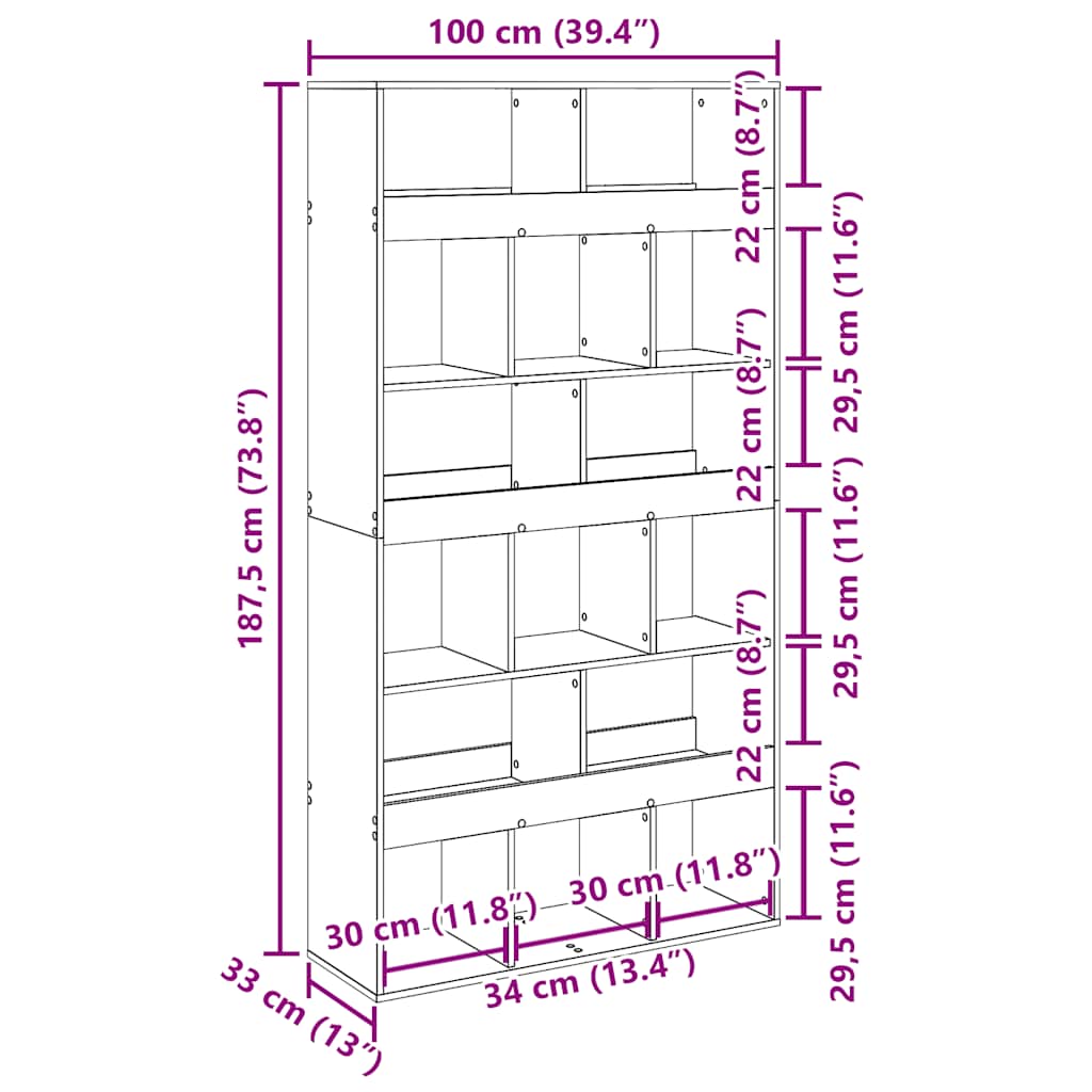 Bokhylla ek 100x33x187,5 cm konstruerat trä