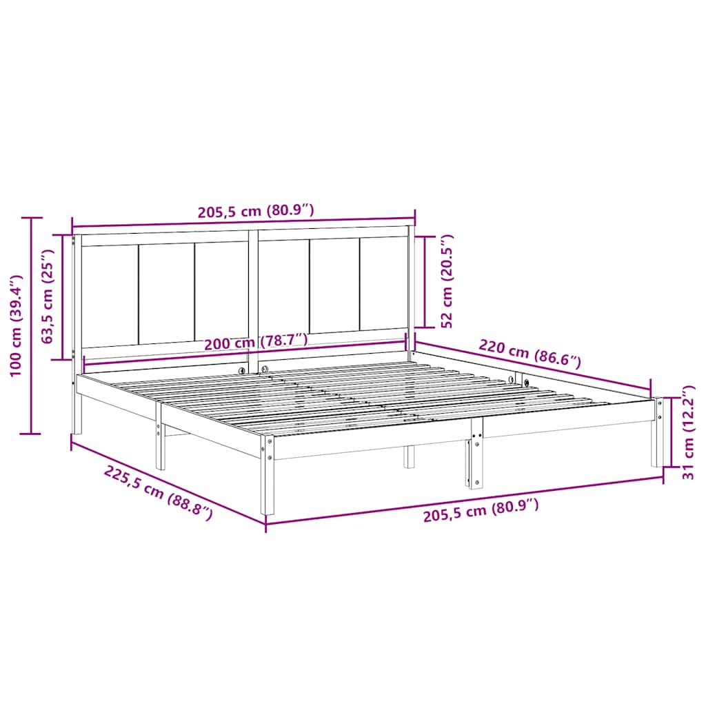 Sängram utan madrass extra lång 200x220 cm massivt trä
