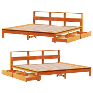 Säng med bokhylla utan madrass vaxbrun 180x200cm massiv furu