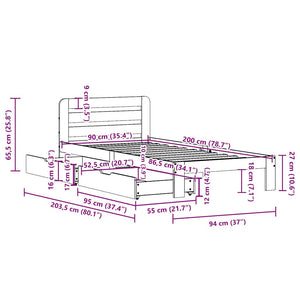 Sängram utan madrass 90x200 cm massiv furu