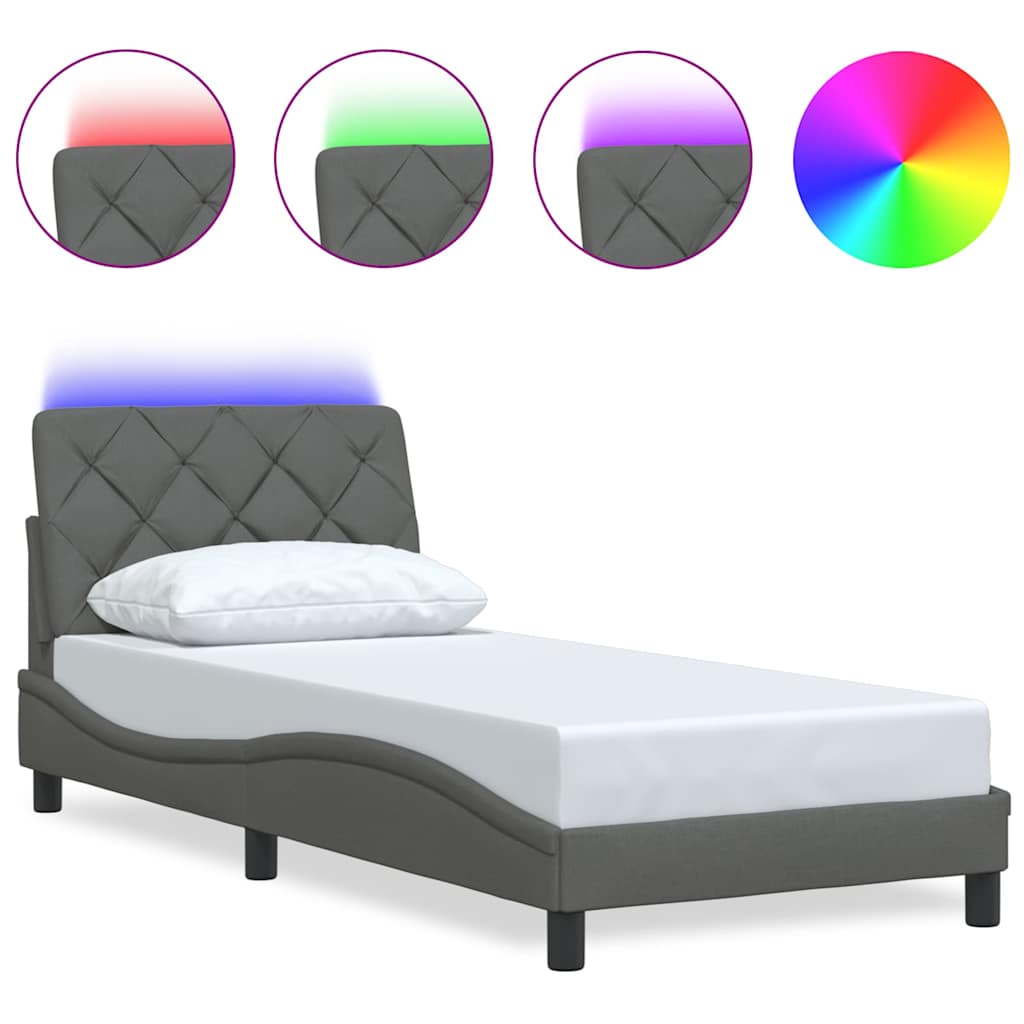 Bed Frame with LED without Mattress Dark Grey 90x200 cm Fabric