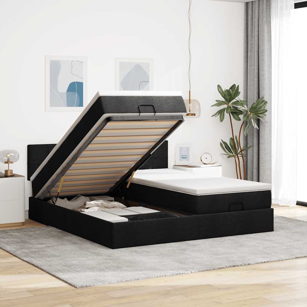 Ottoman sängram med madrasser svart 200x200 cm tyg