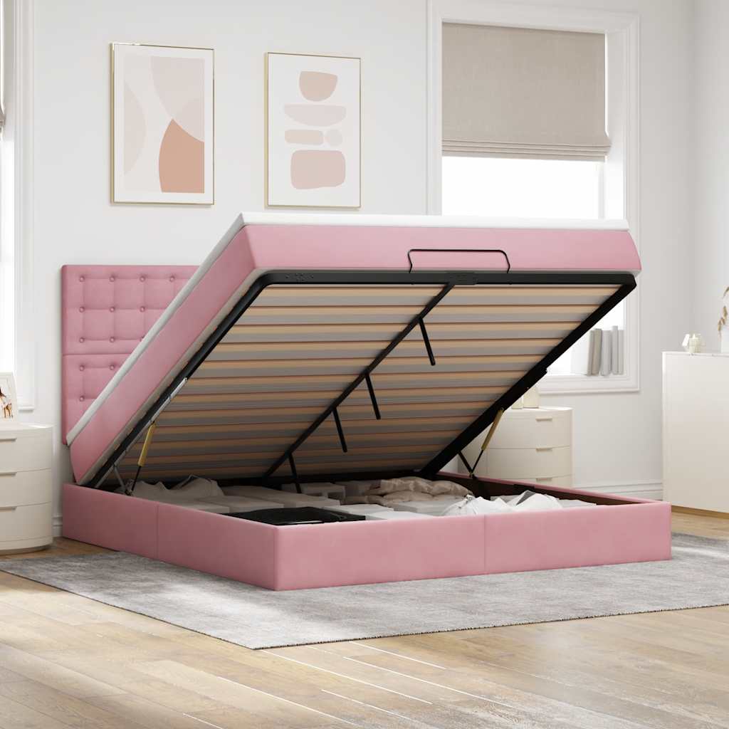 Ottoman sängram med madrasser rosa 180x200 cm sammet
