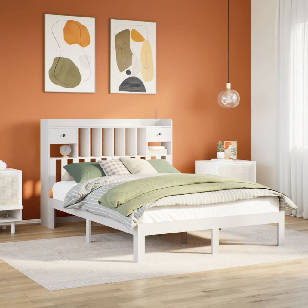 Säng med bokhylla utan madrass vit 140x190cm massiv furu