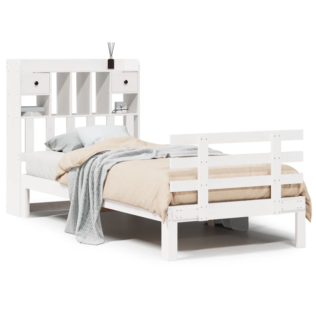 Säng med bokhylla utan madrass vit 90x190cm massiv furu