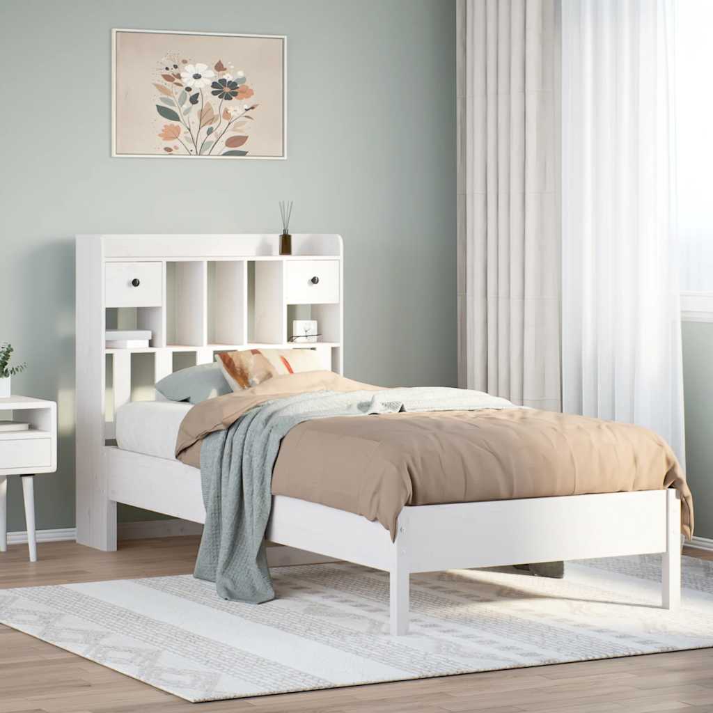 Säng med bokhylla utan madrass vit 90x190cm massiv furu