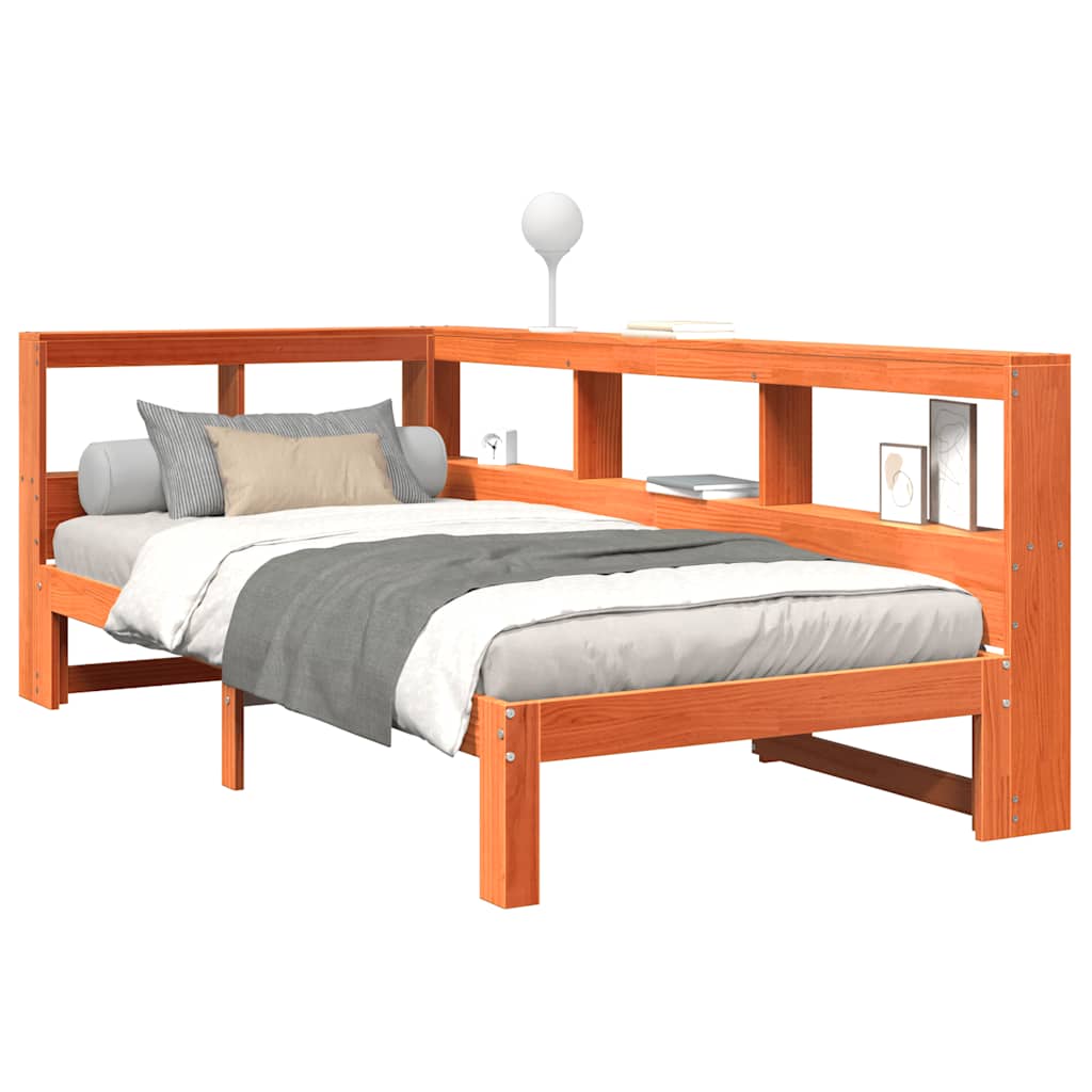 Säng med bokhylla utan madrass vaxbrun 75x190 cm massiv furu