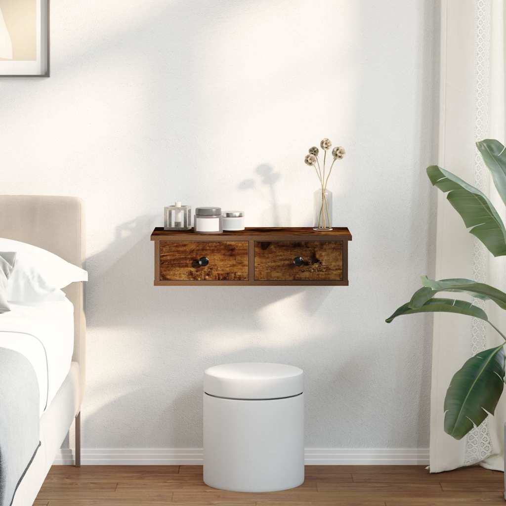 Vägghylla med lådor rökfärgad ek 60x28x15 cm konstruerat trä