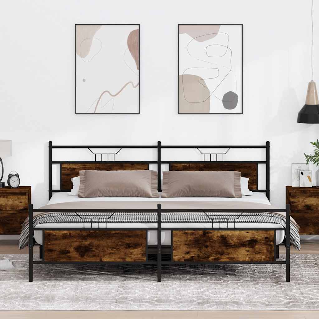 Sängram utan madrass metall rökfärgad ek 193x201 cm