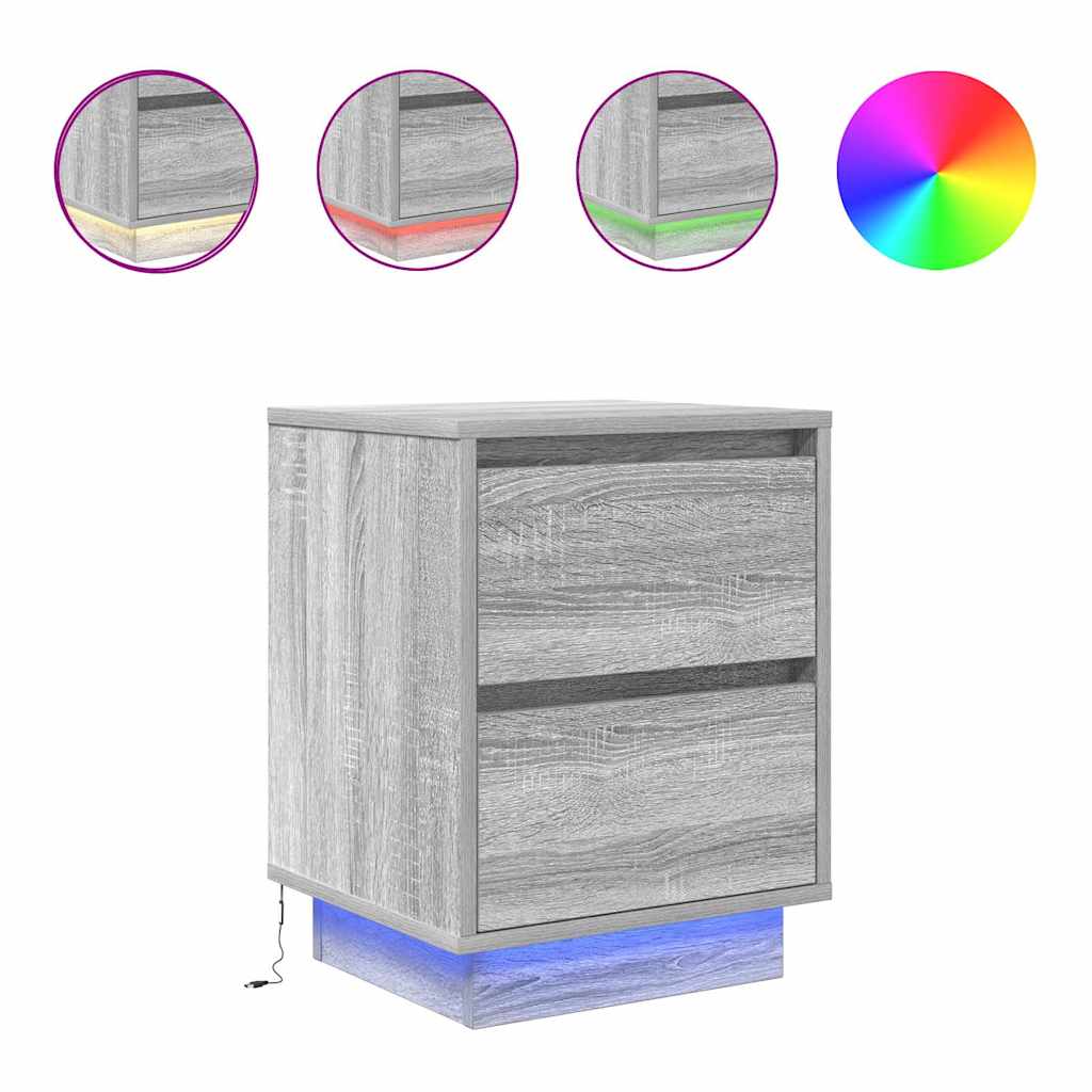 Sängbord med LED-lampor grå sonoma 38x34x50 cm
