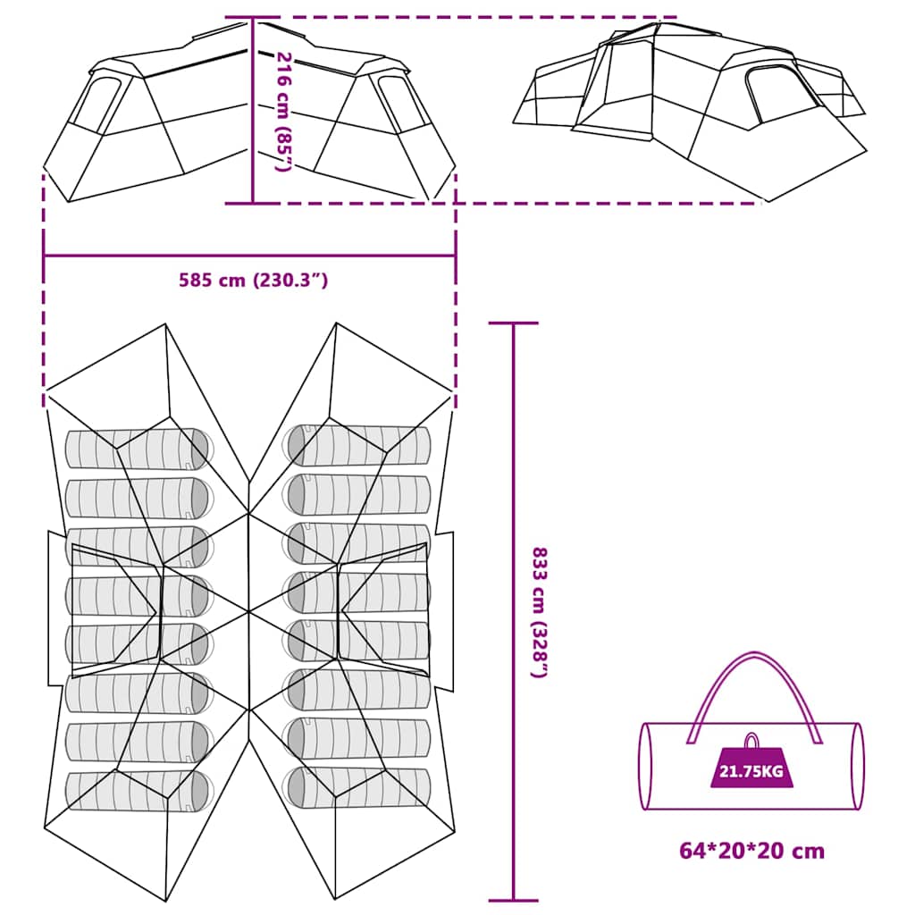 Familjetält med tak med lagring Grön 833 x 585 x 216 cm taffeta