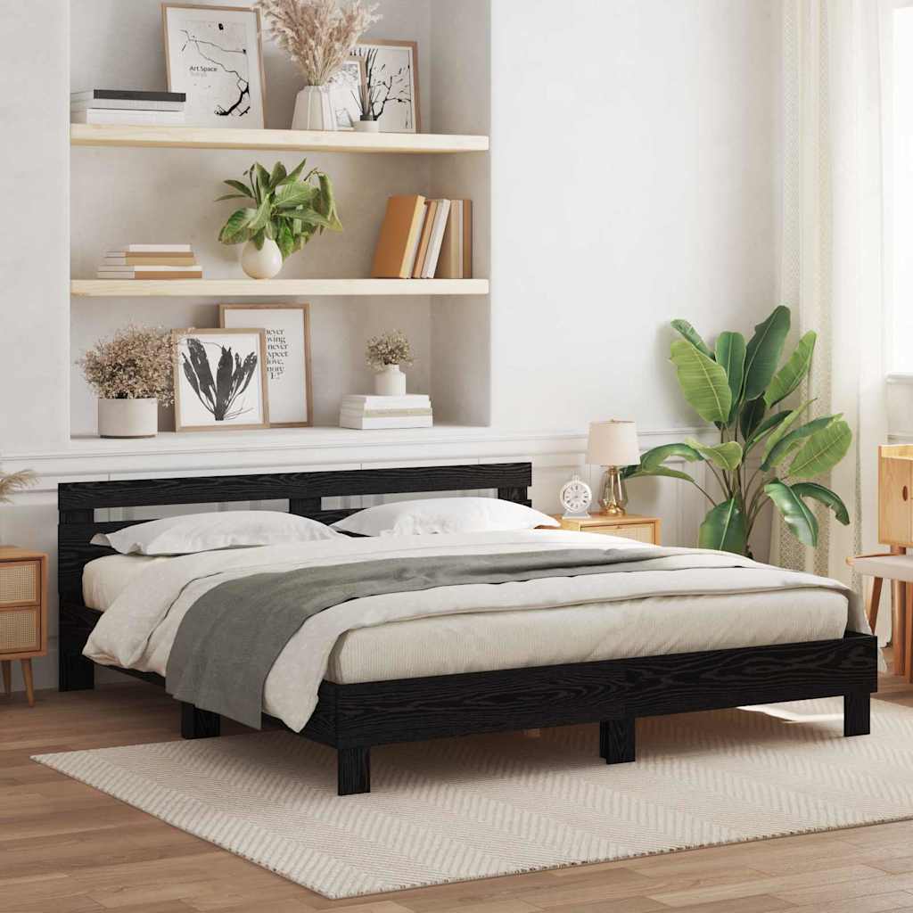 Sängram med huvudgavel Svart Ek 200 x 200 cm Konstruerat trä