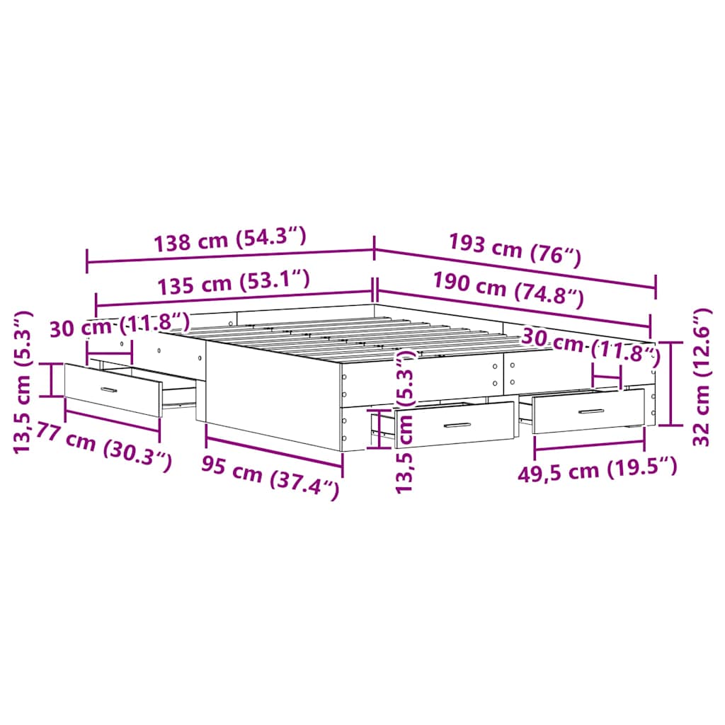 Sängram med låda Artisan Ek 135 x 190 cm Konstruerat trä