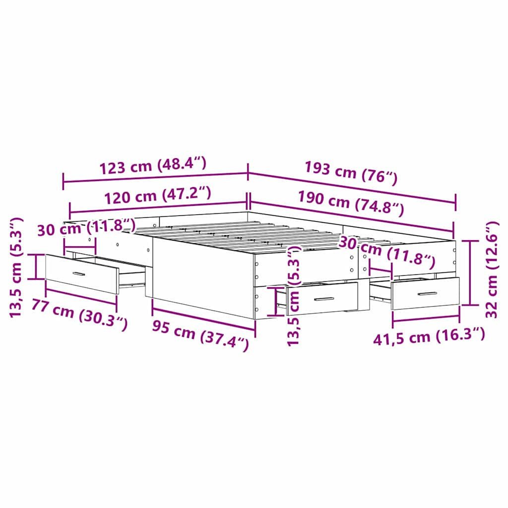 Sängram med låda Gammalt trä 120 x 190 cm Konstruerat trä