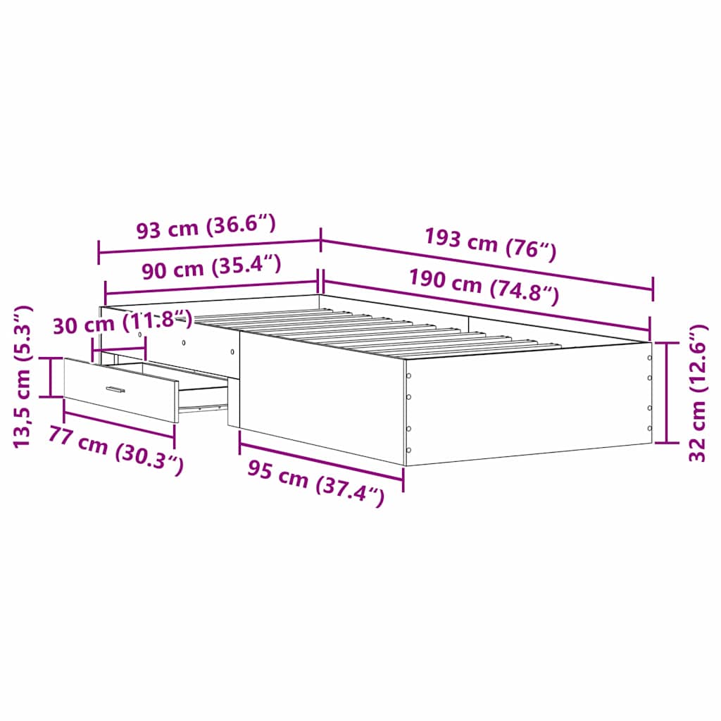 Sängram med låda Svart Ek 90 x 190 cm Konstruerat trä