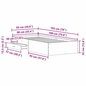 Sängram med låda Svart Ek 90 x 190 cm Konstruerat trä