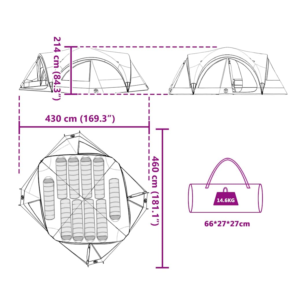 Familjetält med tak med lagring Grön och Grå 460 x 430 x 214 cm