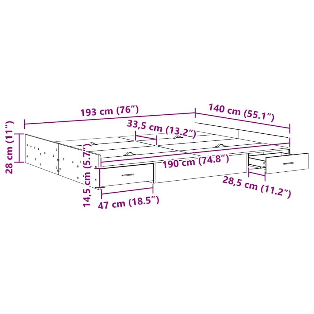 Förvaringssängram Sonoma-ek 140 x 190 cm Konstruerat trä