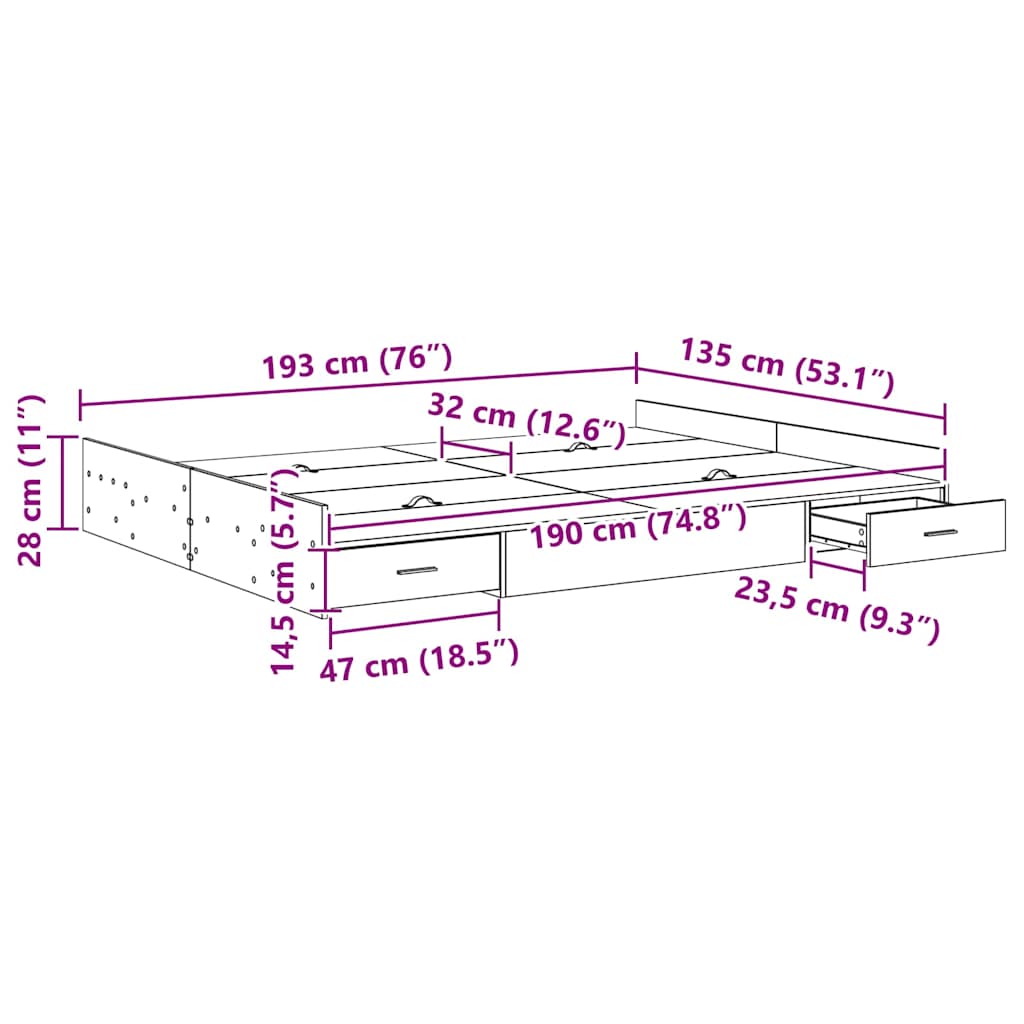 Förvaringssängram Gammalt trä 135 x 190 cm Konstruerat trä