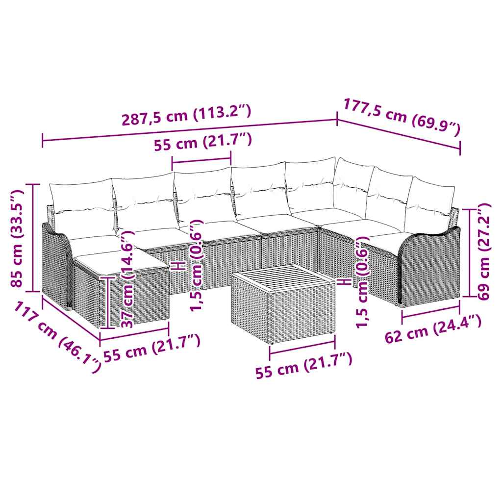 Trädgårdsoffset med kudde 9 pcs Beige konstrotting