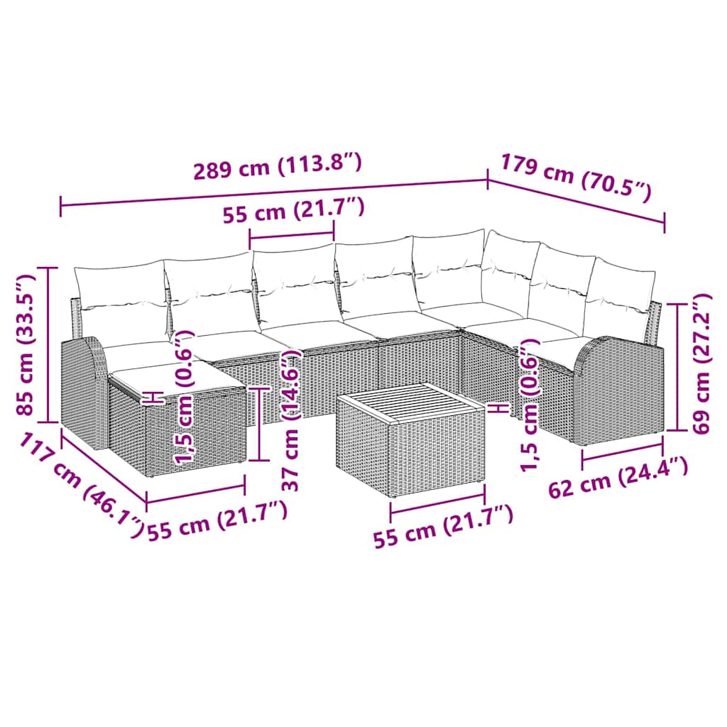 Trädgårdsoffset med kudde 9 pcs Svart Poly rattan