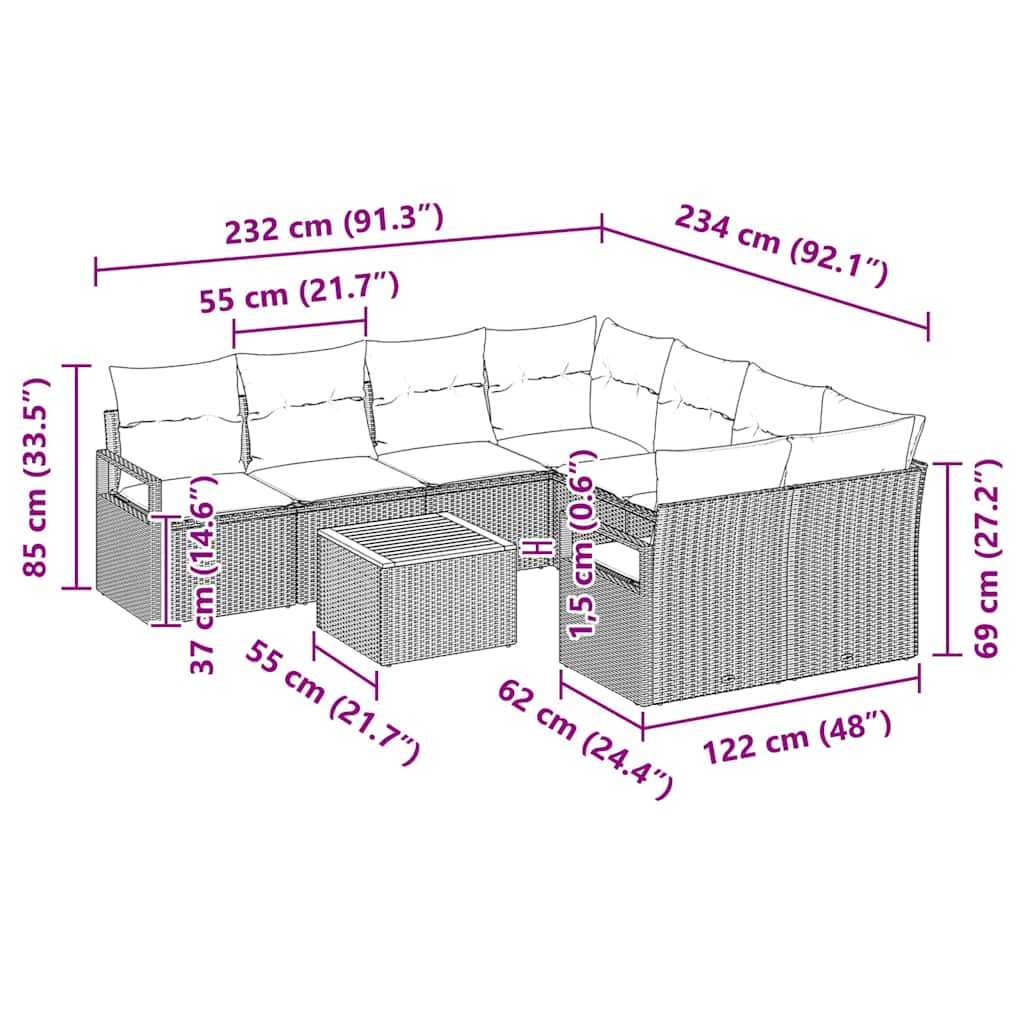 Trädgårdsoffset med kudde 9 pcs Grå konstrotting