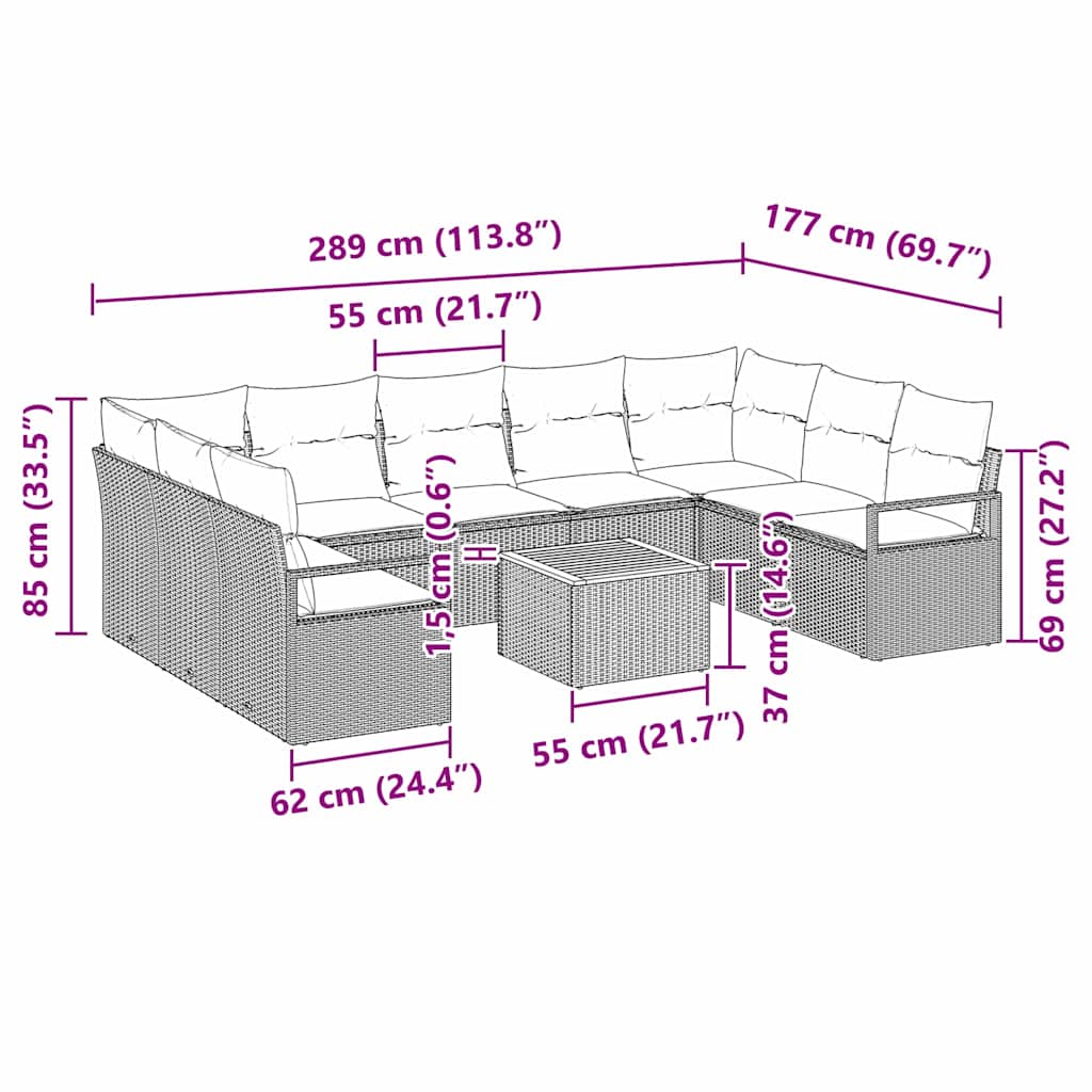 Trädgårdsoffset med kudde 10 pcs Grå Poly rattan