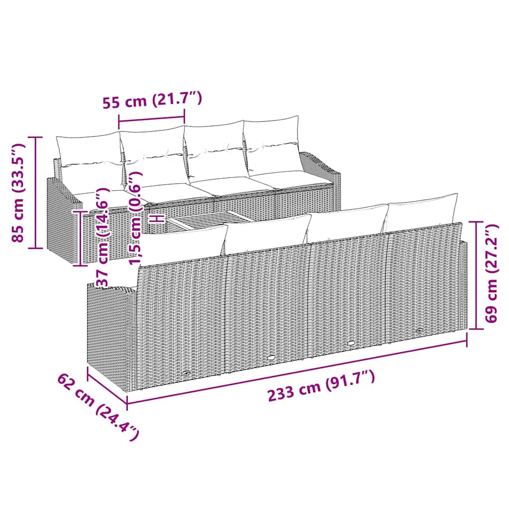 Trädgårdsoffset med kudde 9 pcs Grå konstrotting