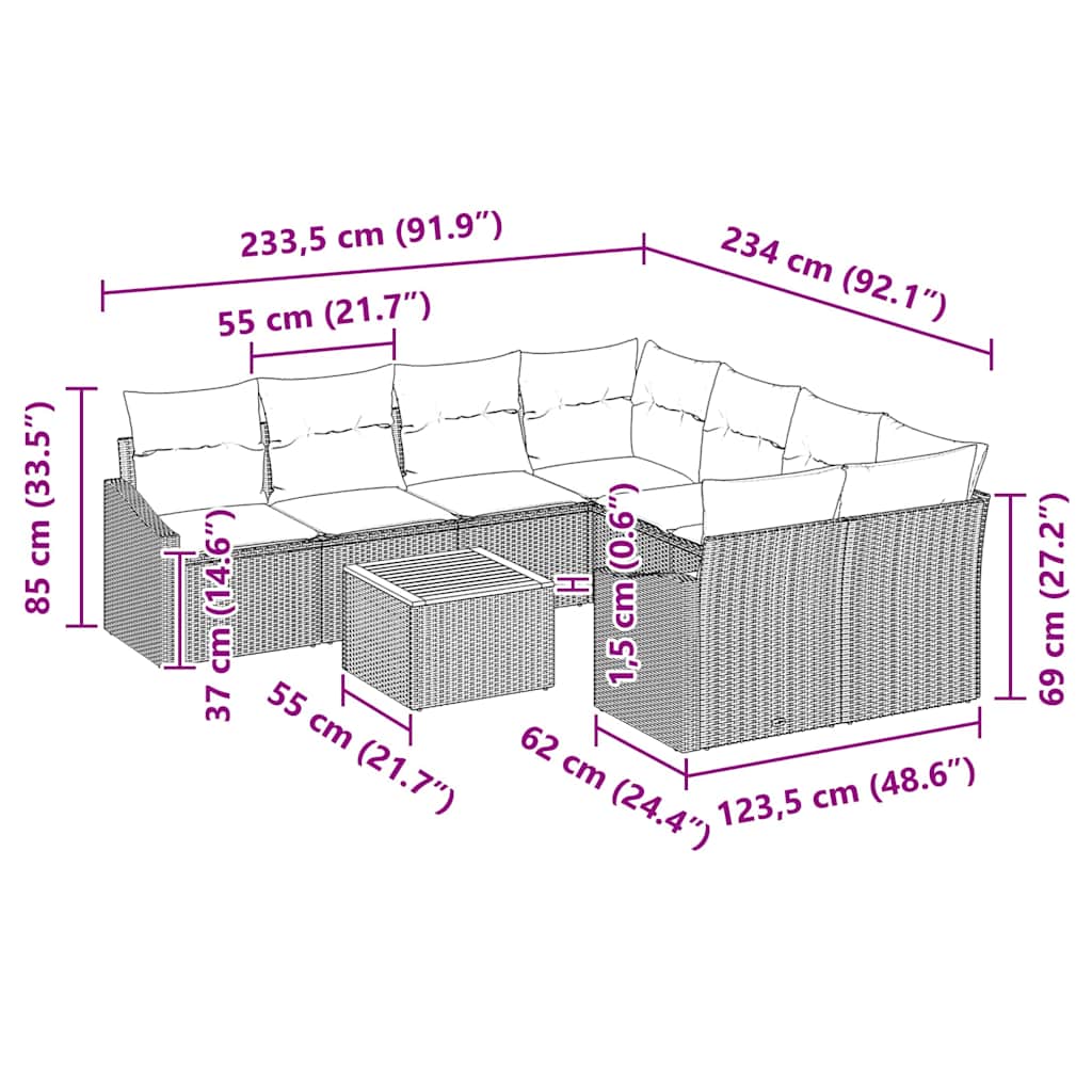 Trädgårdsoffset med kudde 9 pcs Grå Poly rattan