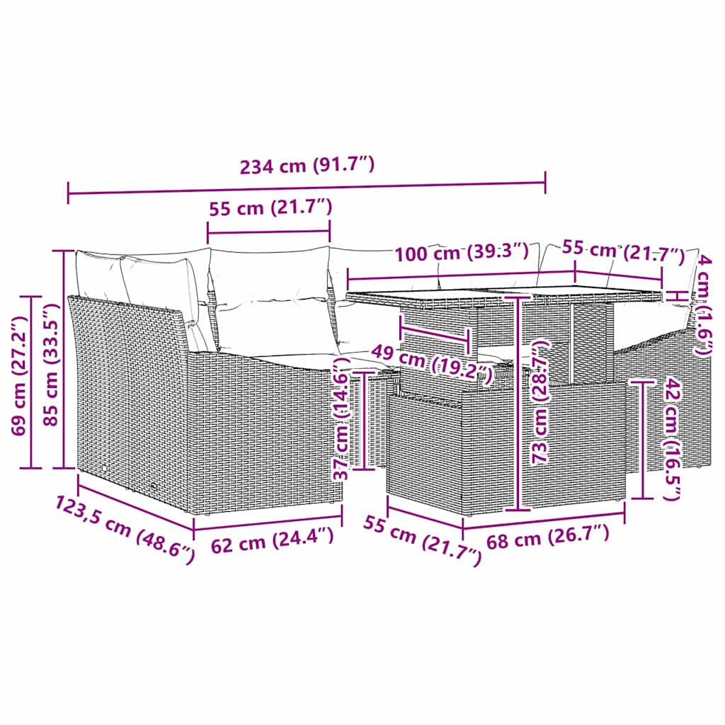 Trädgårdsoffset med kudde 7 pcs Brun och Kräm konstrotting