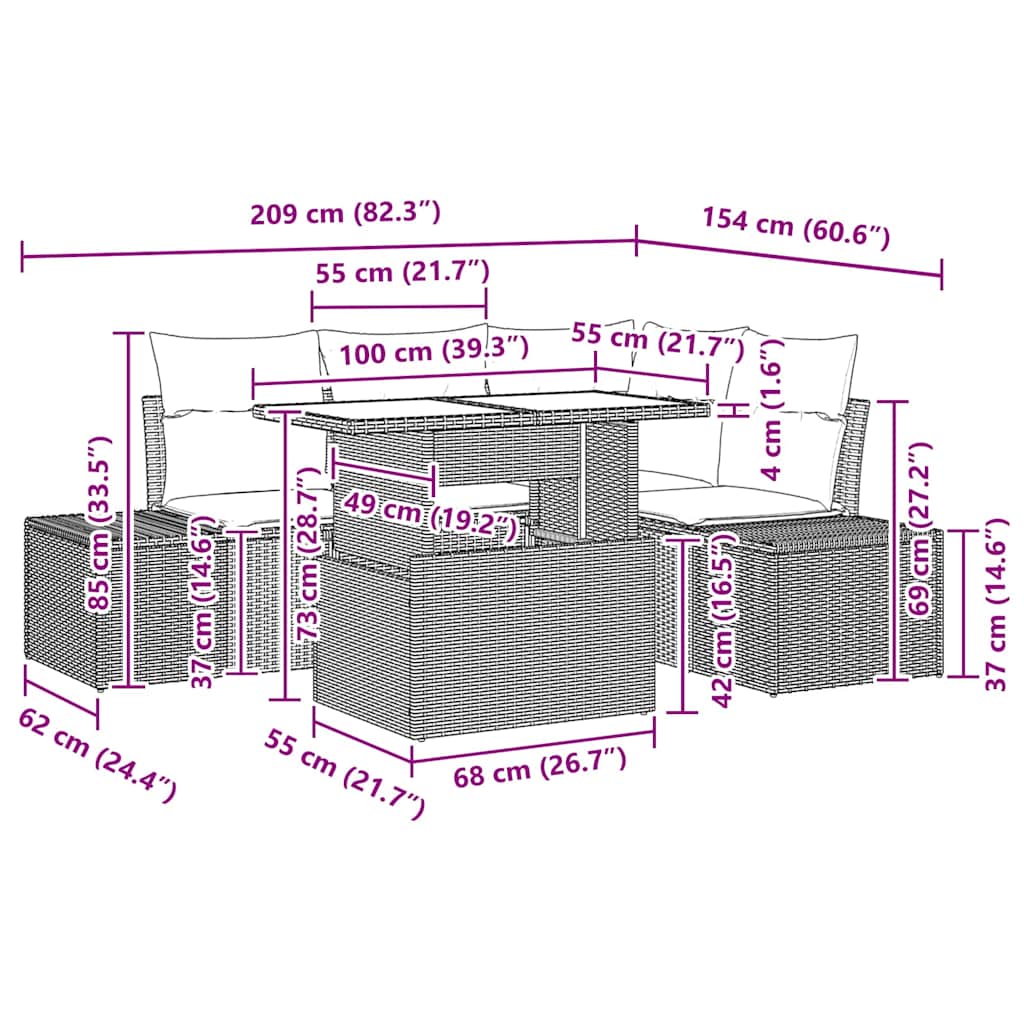 Trädgårdsoffset med kudde 5 pcs Grå konstrotting