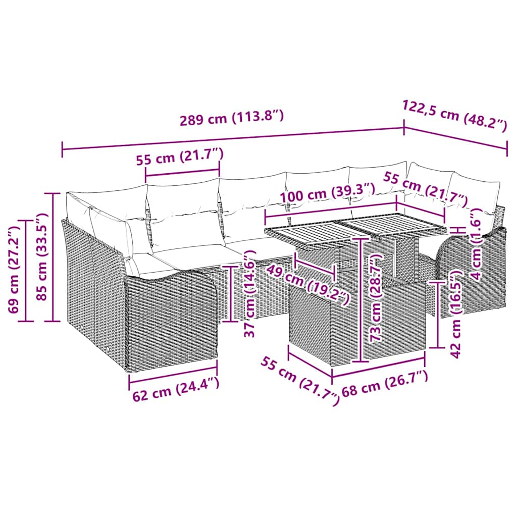 Trädgårdsoffset med kudde 8 pcs Grå konstrotting