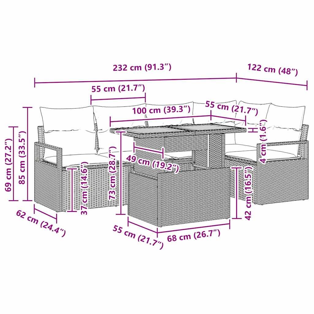 Trädgårdsmöbelset med kudde med kudde 6 pcs Grå och Brun