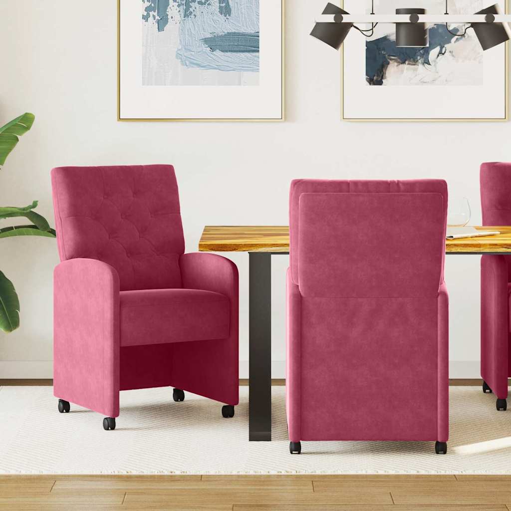 Matstolar med hjul 2 st Sammet Vinröd 58 x 67 x 97 cm