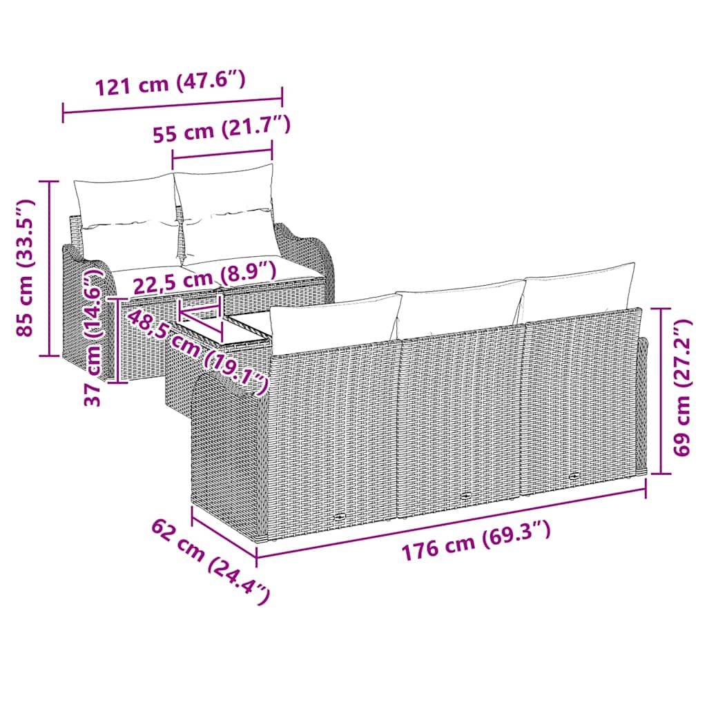 Trädgårdsoffset 6 pcs Svart Konstrotting, Stål och Glas