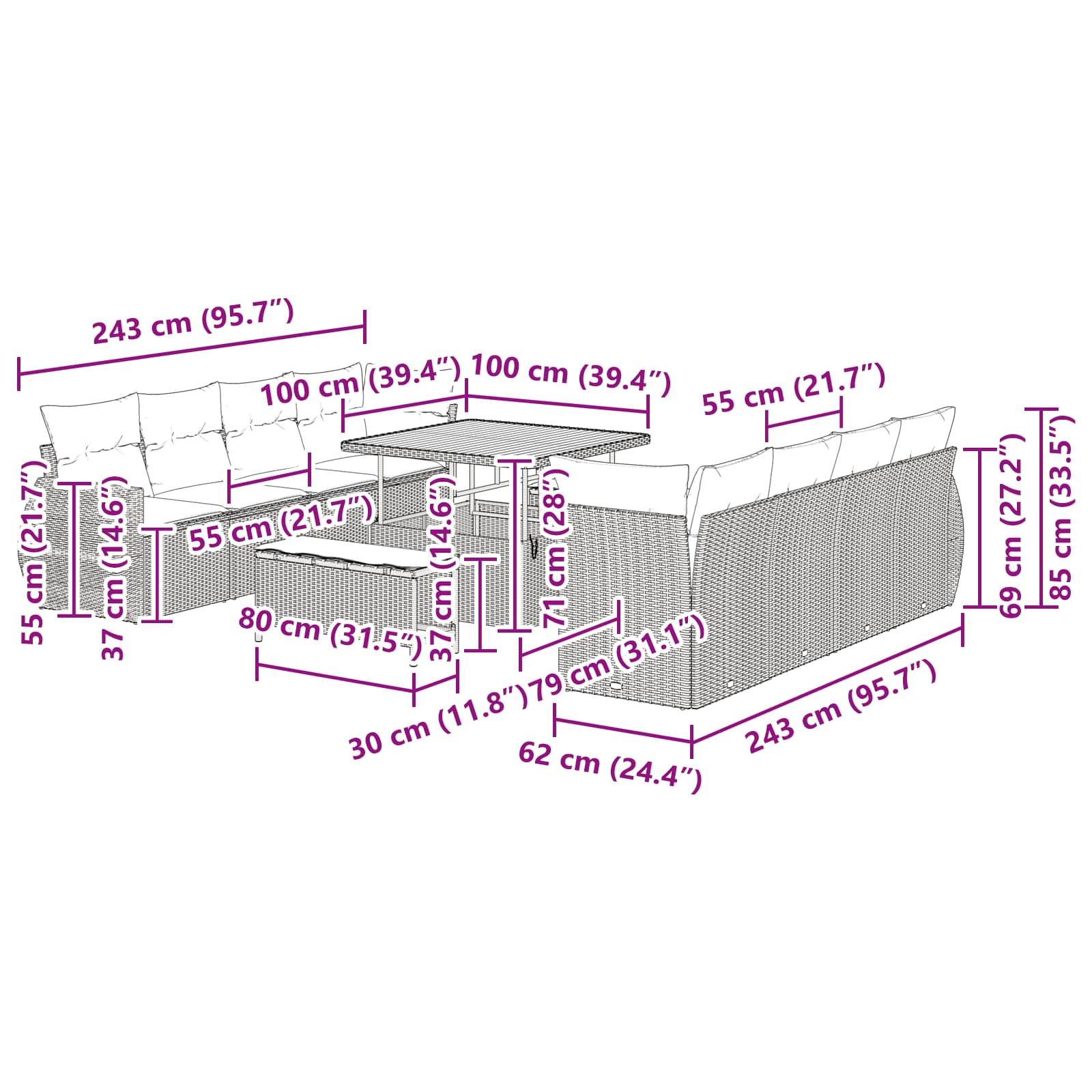 Trädgårdsoffset med lagring 11 pcs Svart Poly rattan