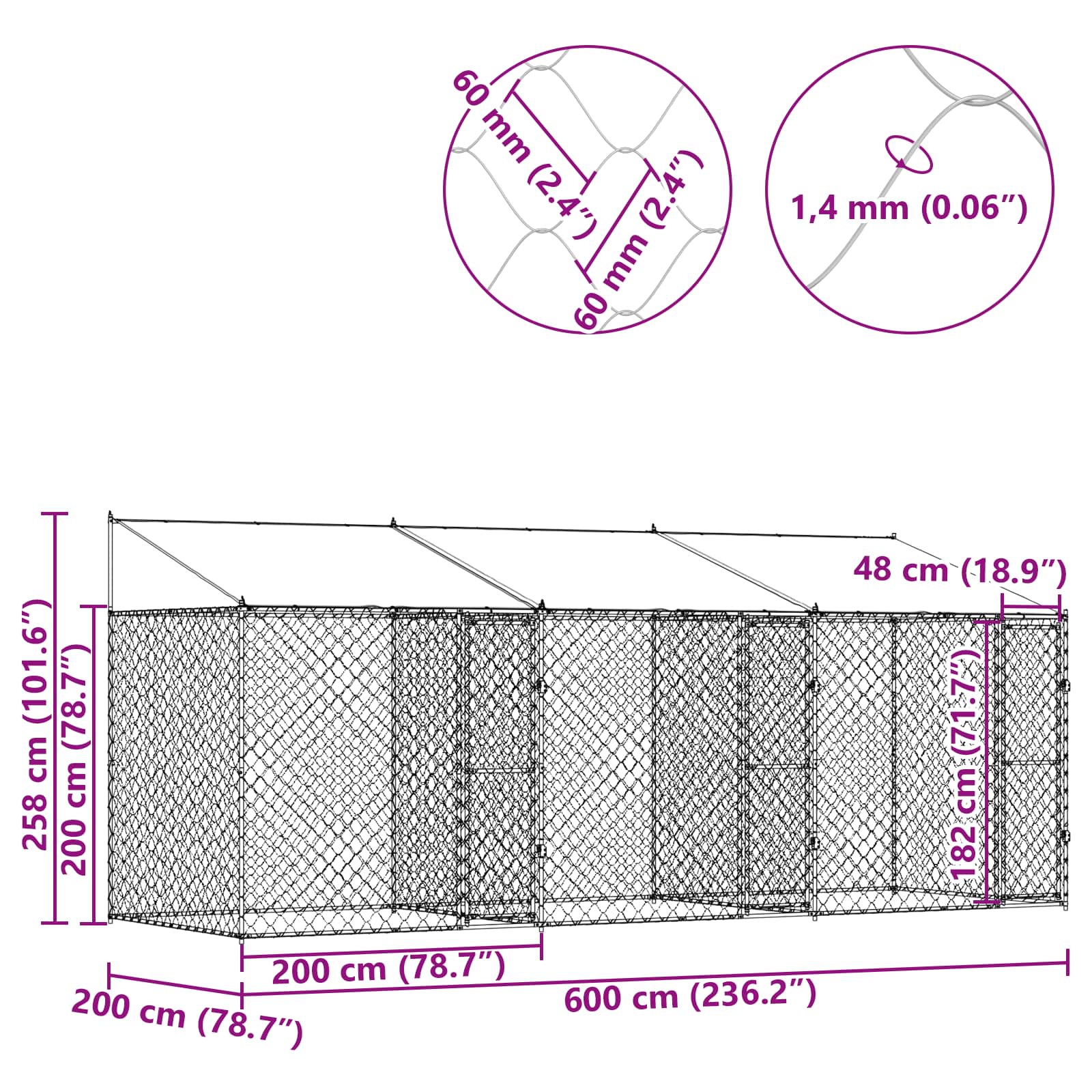 Hundbur Silver 600 x 200 x 256 cm Galvaniserat Stål