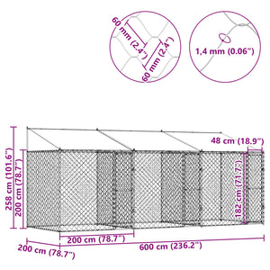 Hundbur Silver 600 x 200 x 256 cm Galvaniserat Stål